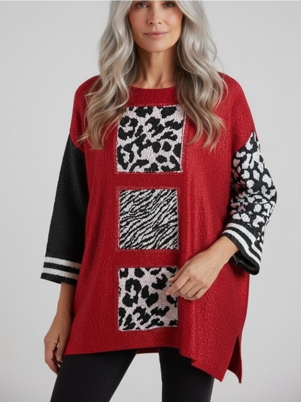 Berek Red Crinkle Animal Print Oversized Tunic Top S/M Art to Wear